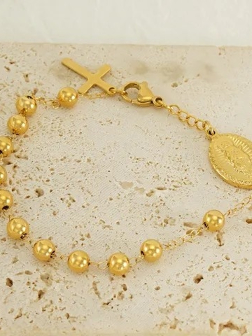Gold Rosary Bead Bracelet with Cross and Medallion